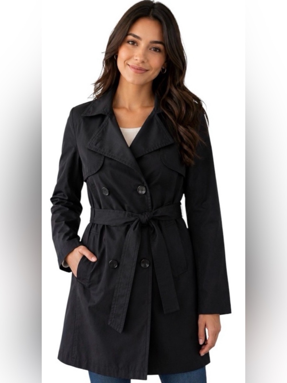 LONDON FOG BLACK DOUBLE BREASTED TRENCH COAT BELTED WOMEN’S SMALL JACKET